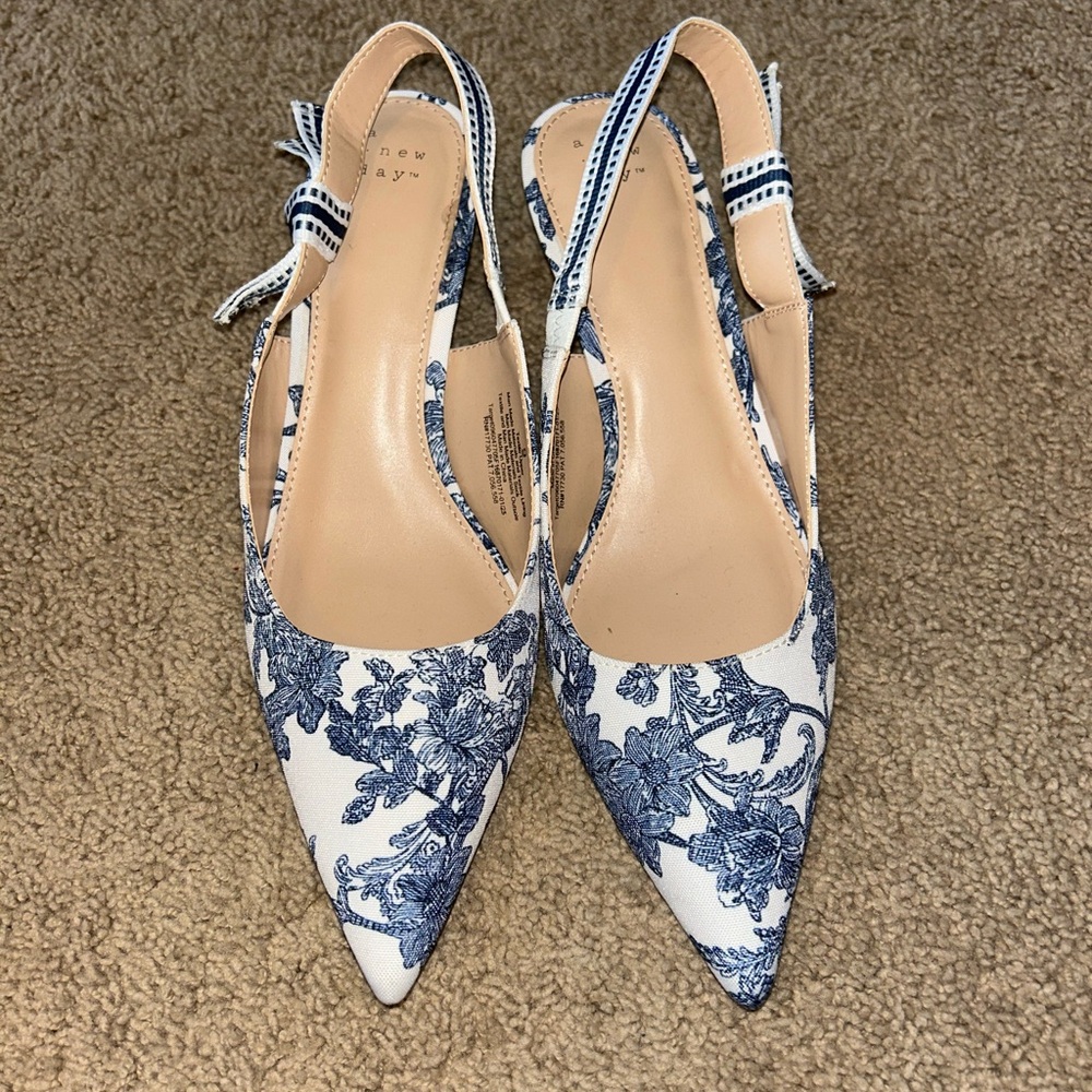 Floral Blue and White Slingback Heels